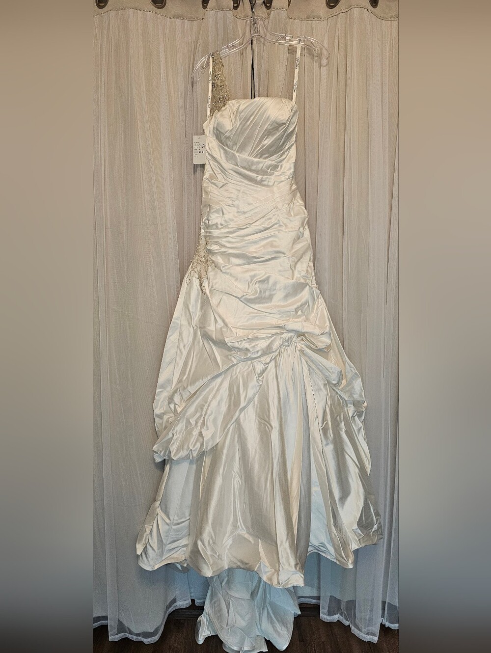 DaVinci Ivory Satin Ruched Strapless Wedding Gown with Beaded Straps Size 4